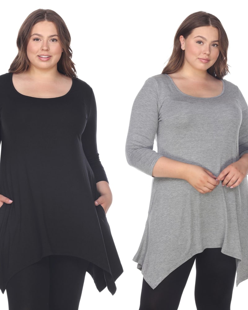 Front of a model wearing a size 3X Essential Makayla 2-Pack Tunic Top in Black Charcoal by White Mark. | dia_product_style_image_id:249957